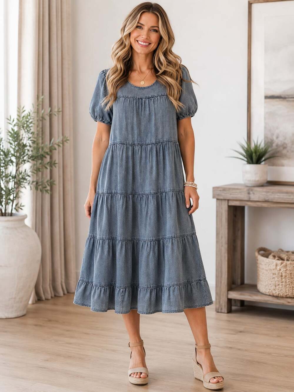 Tea n Rose Denim Tiered Midi Dress Womens M Blue Lyocell Puff Sleeve Pockets